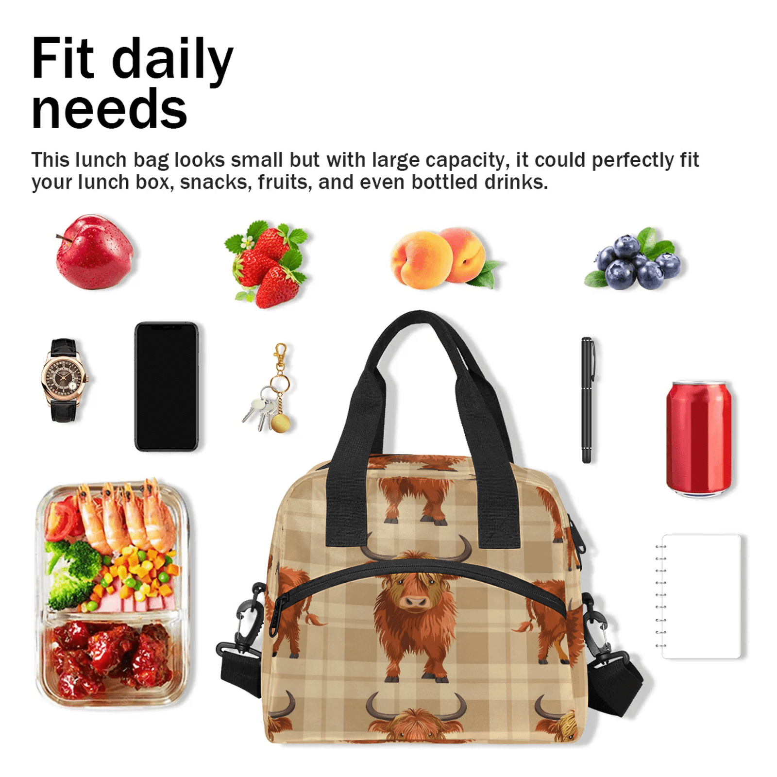 Herdesigns Western Bull Insulated Lunch Bag for Women Men Adult, Reusable Insulated Cooler Lunch Box Lunch Tote Bag for Work Picnic Beach