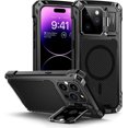 thumbnail image 1 of KOMI Magnetic iPhone 14 Pro Max Metal Case, [Built-in Camera Kickstand & Glass Screen Protector] Heavy Duty Full Body Rugged Protective Military Magsafe Cover for iPhone 14 Pro Max 6.7" (Black), 1 of 5