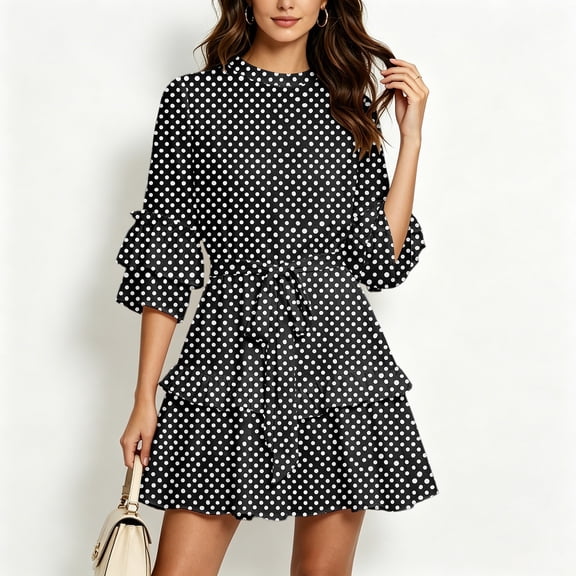 ClodeEU Women's Polka Dot Print Round Neck 3/4 Bubble Sleeve Waist Tie Ruffle Mini Dress,Elegant Casual Date Party Swing Dress Black,Women's Plus L