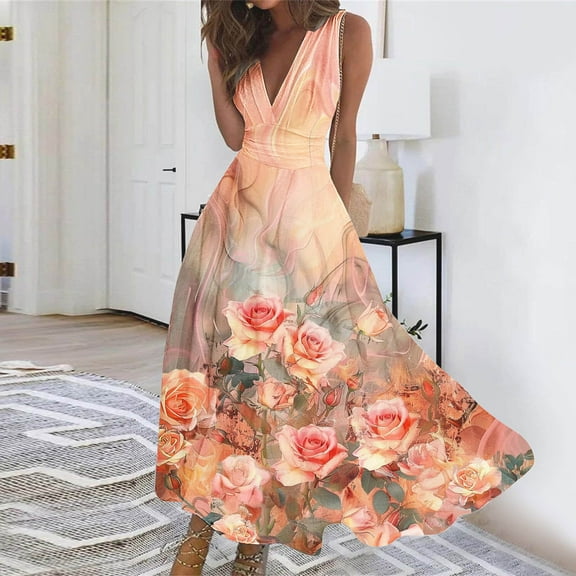 Taylonsss Women's Spring/Summer Sleeveless Color V-Neck Wrapped Chest Dress Long Dress