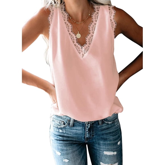 Women's V Neck Lace Trim Tank Tops Casual Loose Sleeveless Blouse Shirts