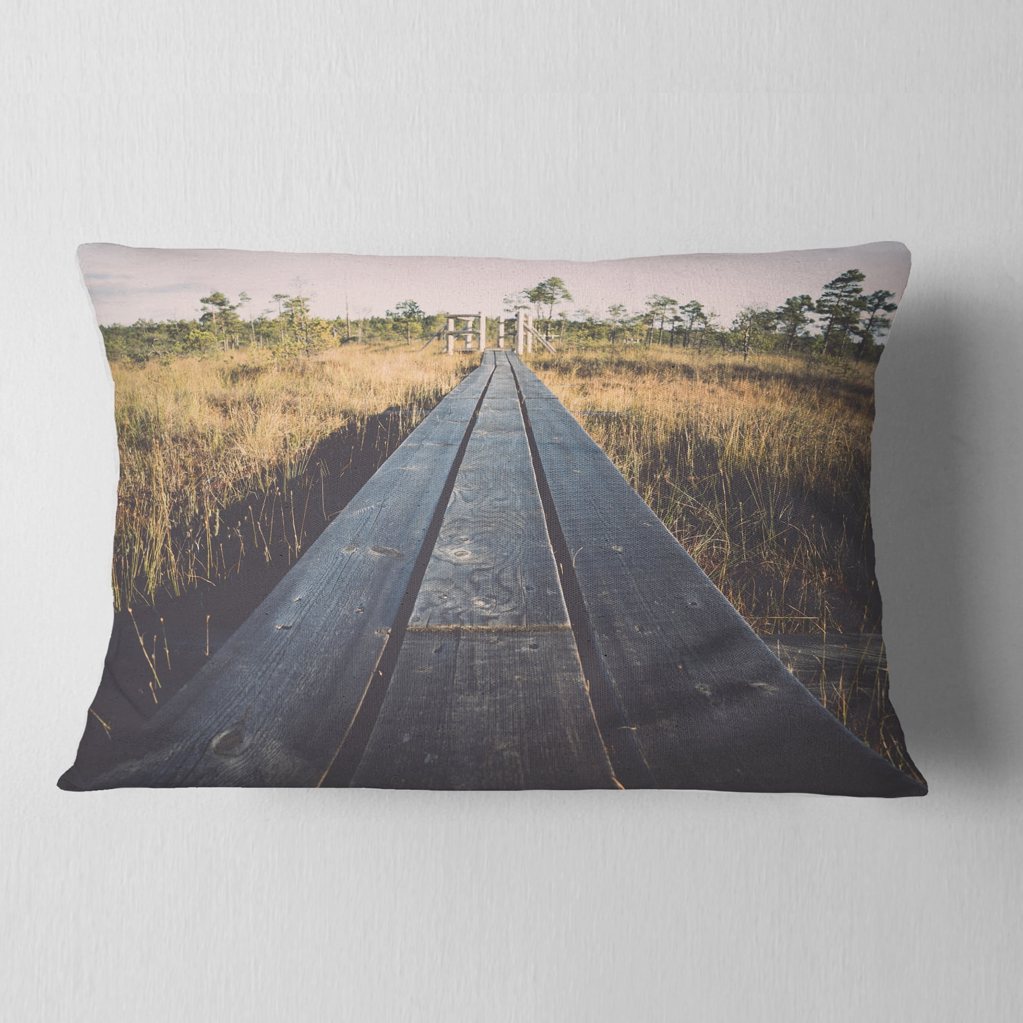 Designart Wood Footpath on the Bog in Fall - Landscape Printed Throw Pillow - 12x20