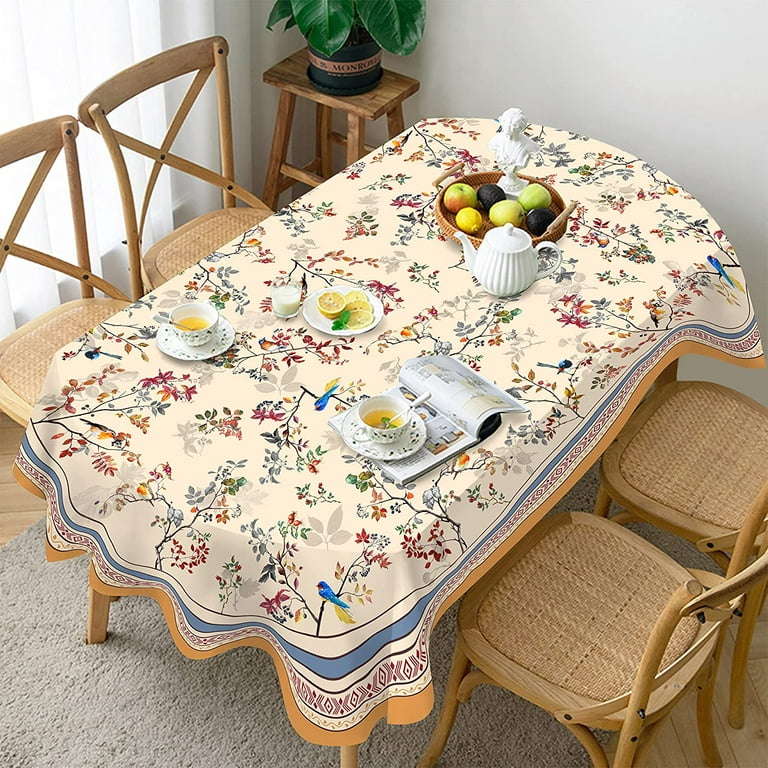 Fall Oval Floral Bird Tablecloth,Rustic Farmhouse French Tablecloth for  Oval Tables 60 x 102,Perfect for Kitchen Dinner,Restaurant,Holiday Picnic