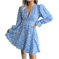 thumbnail image 3 of ClodeEU Womens Long Sleeves Chiffon Print Mini Dresse,V-Neck Pleated Spring Summer Dress Sky Blue,Womens Plus XL, 3 of 6