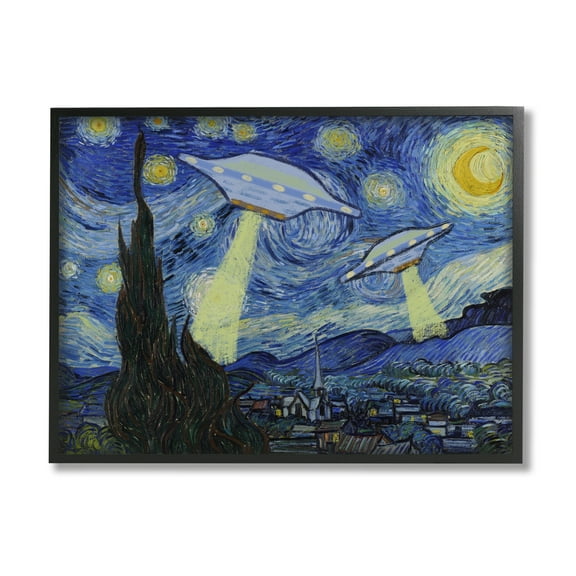 Stupell Industries Starry Night Classic Alien UFOs Fairy Tales & Fantasy Painting Black Framed Art Print Wall Art