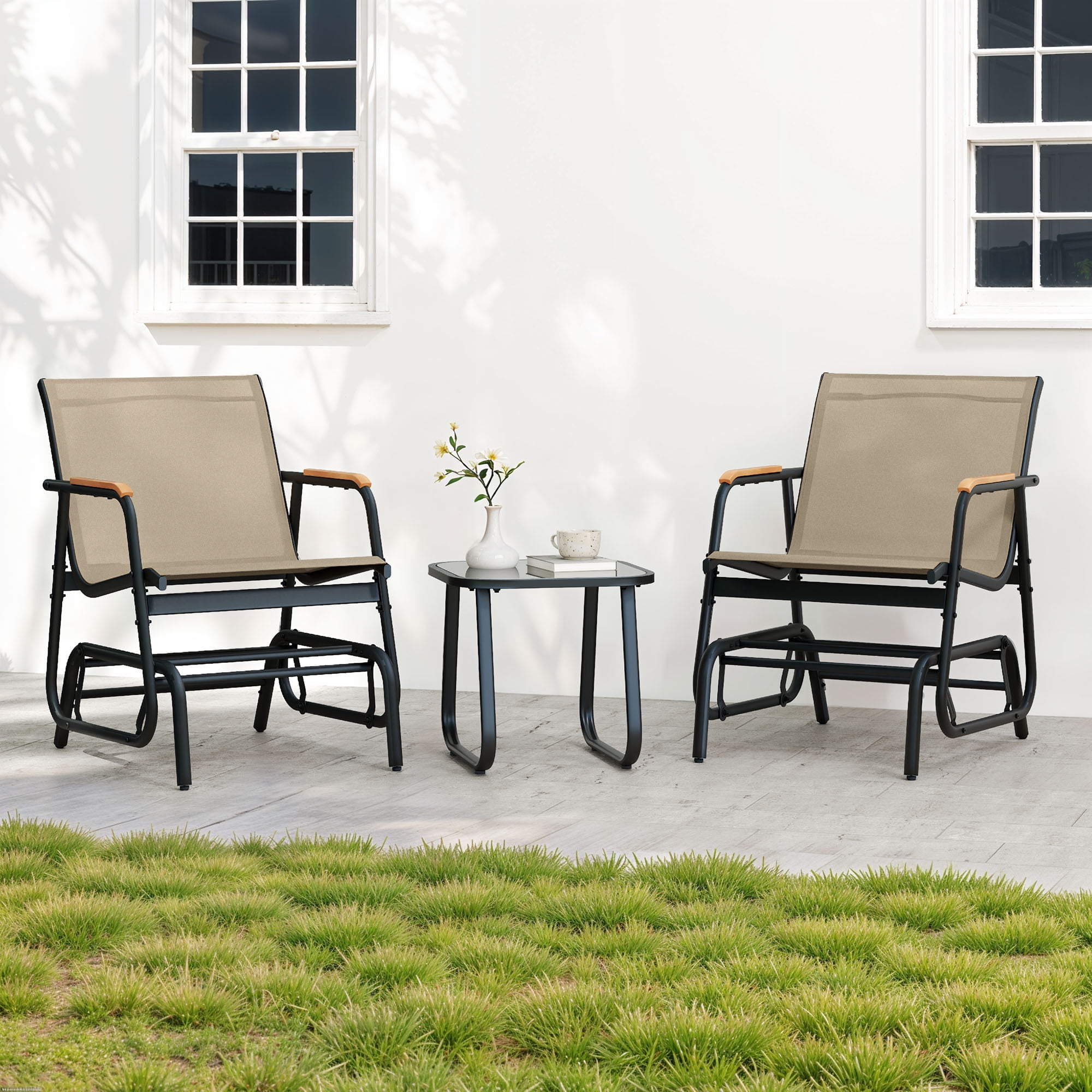 Uforic 3-Piece Patio Furniture Set, Outdoor Textilene Glider Bistro Set with 2 Glider Chairs & Tempered Glass Coffee Table, Heavy Duty Outdoor Seating Set for Backyard, Garden, Balcony, Brown