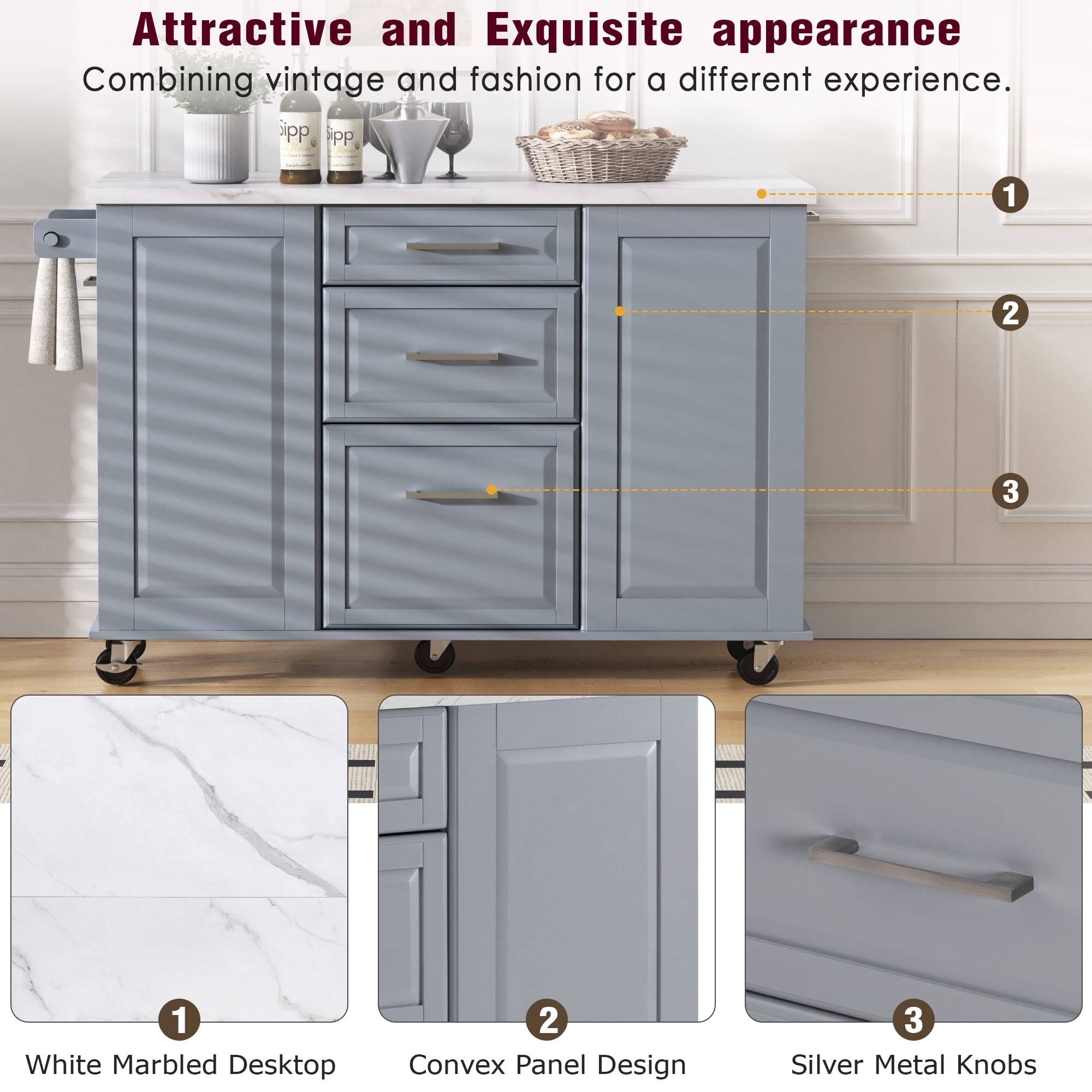 AISWORD 50.7" Kitchen Island with Trash Can Storage Cabinet, Rolling Kitchen Cart on Wheels with Faux Marble Top Drop Leaf, Spice Rack, Towel Rack and Adjustable Shelf, Blue