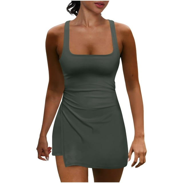 yoeyez Combinaisons et Salopettes pour Femmes, Combinaisons-Robe de Tennis pour Femmes avec Shorts Intégrés Salopettes d'Entraînement Athlétiques Robe-Short Tenues de Golf Gris Foncé, S