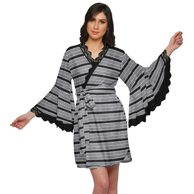 Moomaya Robe Courte Imprimée pour Mariée Préparation Manches Cloche Peignoir Femmes Enveloppe