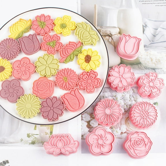Cookie Cutters,8pcs Flower Cookie Molds Mould 3d Stereoscopic Frosting Cookie Flipping Plastic Press Type Household Suit Baking And Pressing Mould