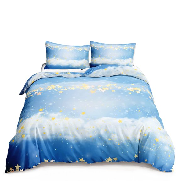 Kawaii Moon Starry Night Sky Duvet Cover Set Blue Pink Purple Star Galaxy Bedding Sets Full Size for