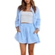 thumbnail image 2 of Trajes de 2 piezas para mujer, camisa de solapa de manga larga con botones a rayas + pantalones cortos con cordón XBTCLXEBCO S;Azul, 2 of 5