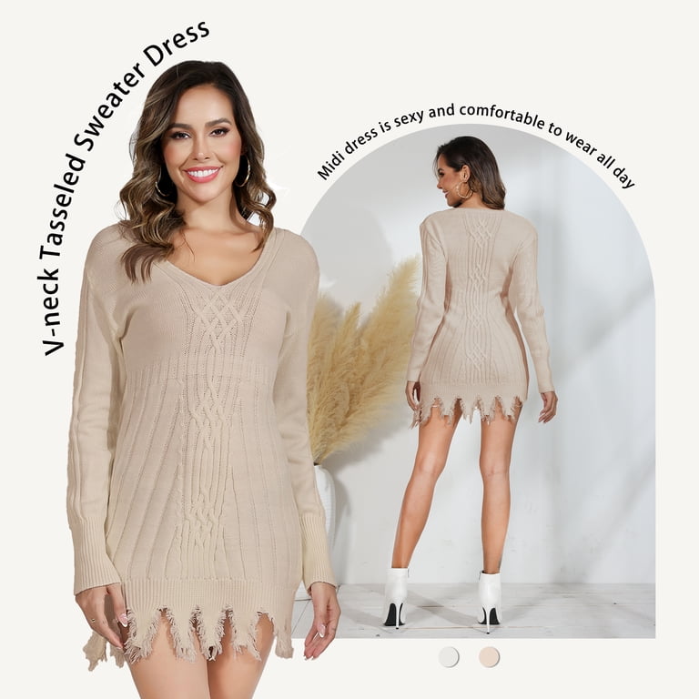 VENUZOR Women's V-neck Tasseled Sweater Dress Slim Fit Unique Chic Knit Jumper  Dress - Walmart.com