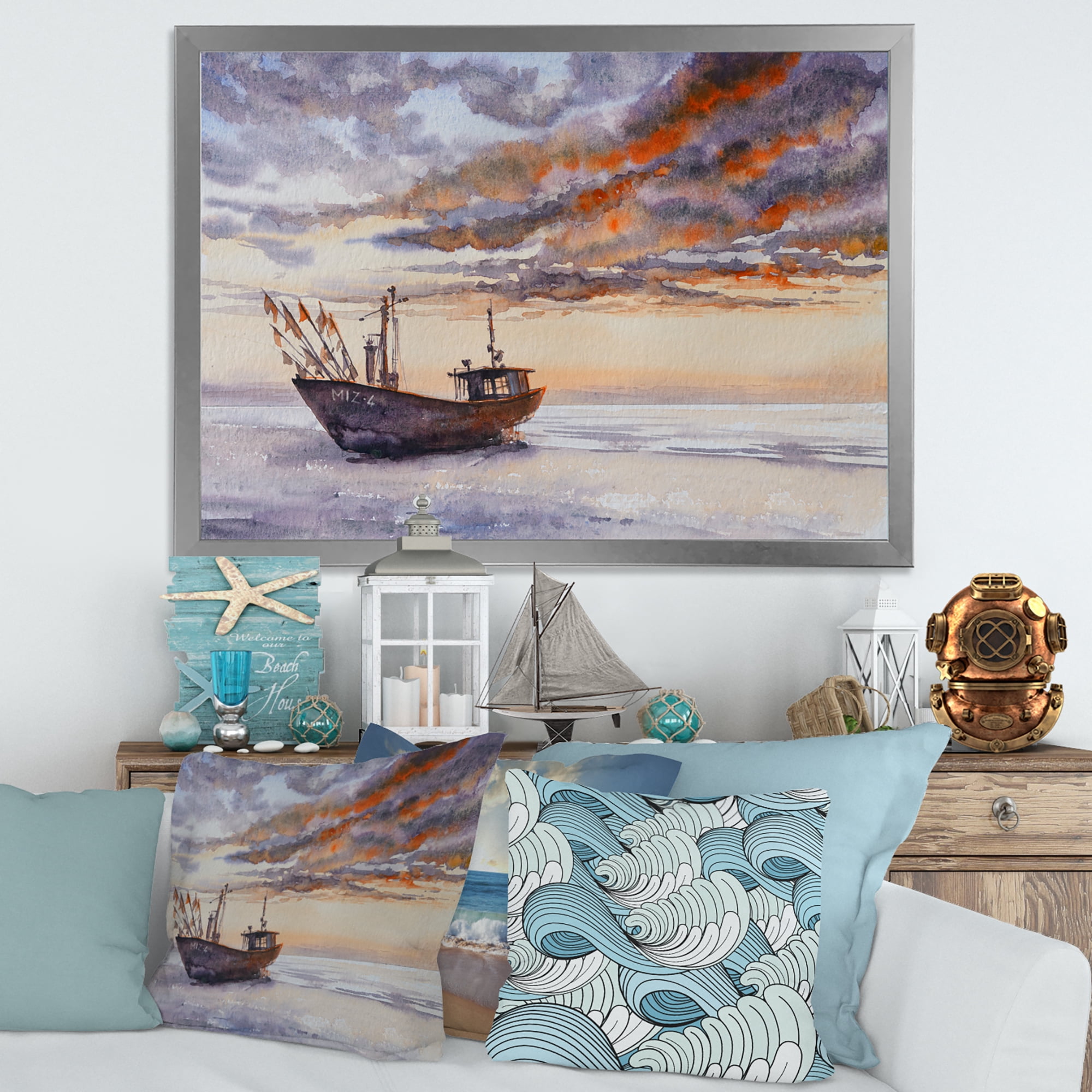 Designart 'Wooden Fishing Boat On The Baltic Shore With Evening Clouds' Nautical & Coastal Framed Art Print