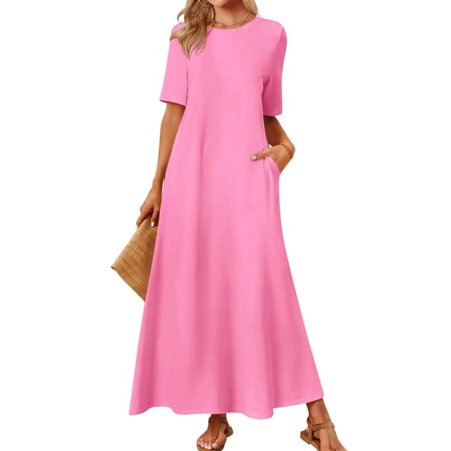 Gspmoly Robes Décontractées pour Femmes, Robe Décontractée Unie à Col Rond avec Poches et Manches Courtes, Robes Formelles pour Femmes en Liquidation