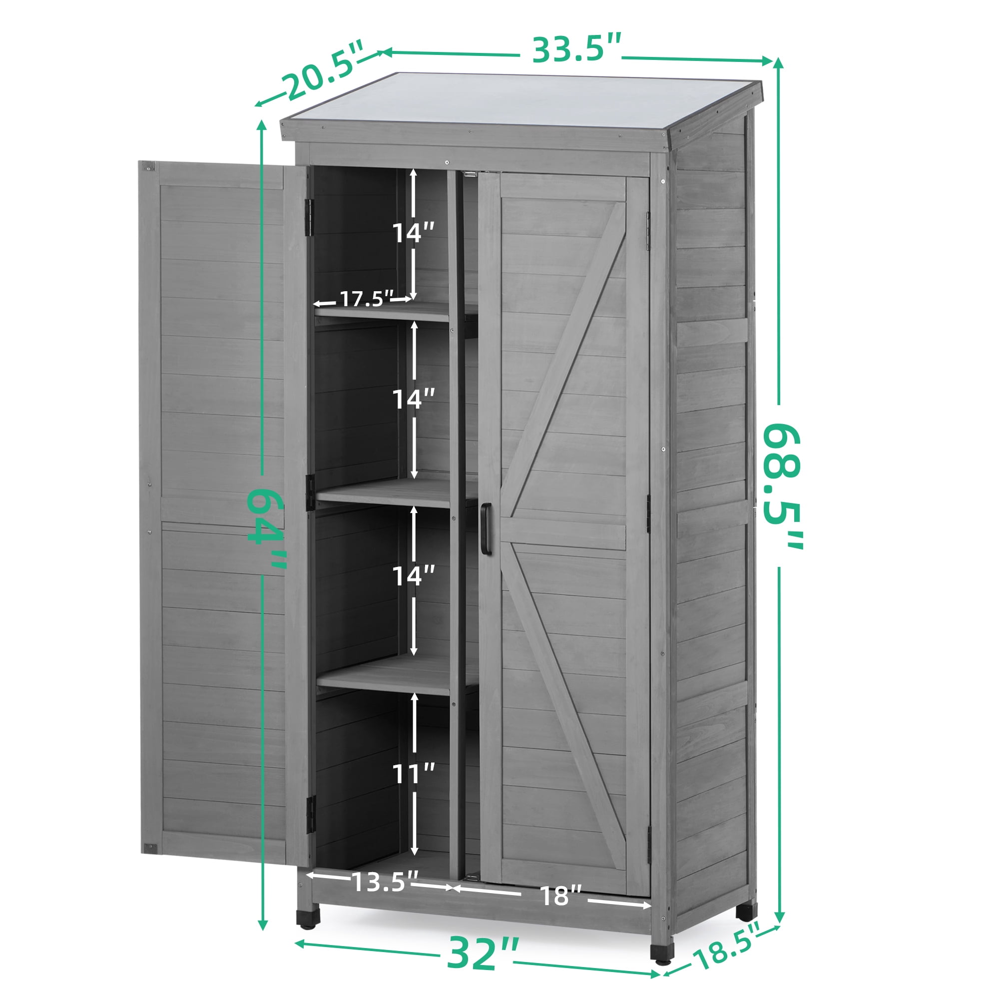 Outdoor Storage Cabinet and Metal Top, Garden Storage Shed Outdoor 68 Inches Wood Tall Shed for Yard, Gray