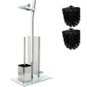 smartpeas WC Set with Chrome Roll Holder and Glass Base - Easy Installation - Includes 3 Toilet Brush Heads!