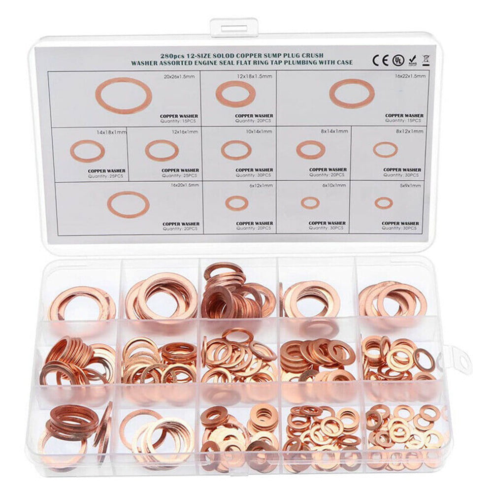 300pc 12Size Assorted Solid Copper Crush Washers Seal Flat Ring Hydraulic Gasket 