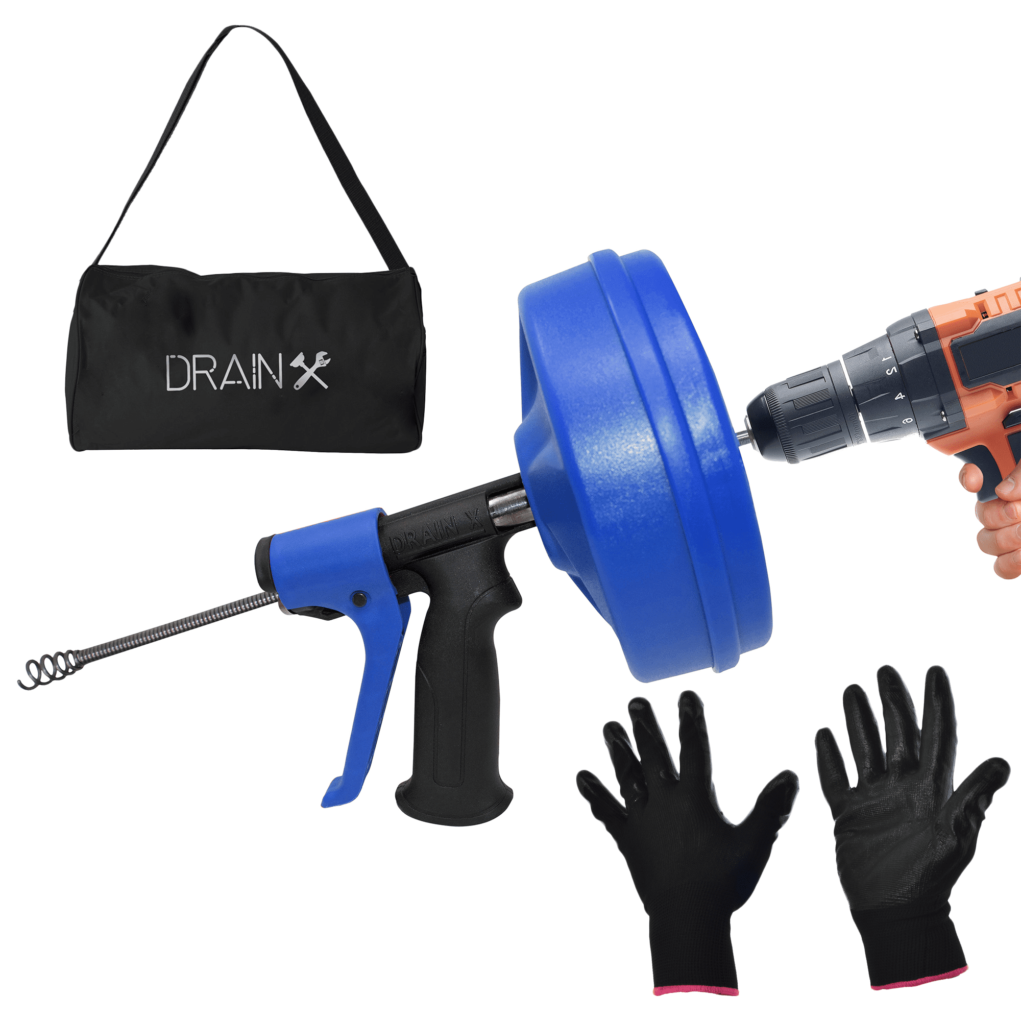 DrainX SpinPower Pro Drain Auger with Drill Adapter, 35FT Autofeed