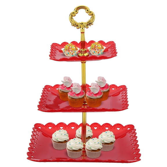 3-Tier Cupcake Stand Holder, Square Tiered Serving Dessert Tray, Red