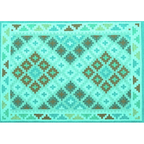 Ahgly Company Machine Washable Indoor Rectangle Southwestern Turquoise Blue Country Area Rugs, 2' x 4'