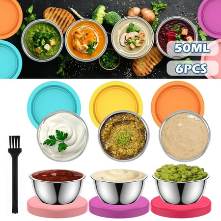 

Gpoty 6PCS Portable Condiment Containers 304 stainless steel Salad Dressing Container with Lids 1.6 oz Reusable Sauce Cup for Lunch Box Picnic Travel Work(with Brush)