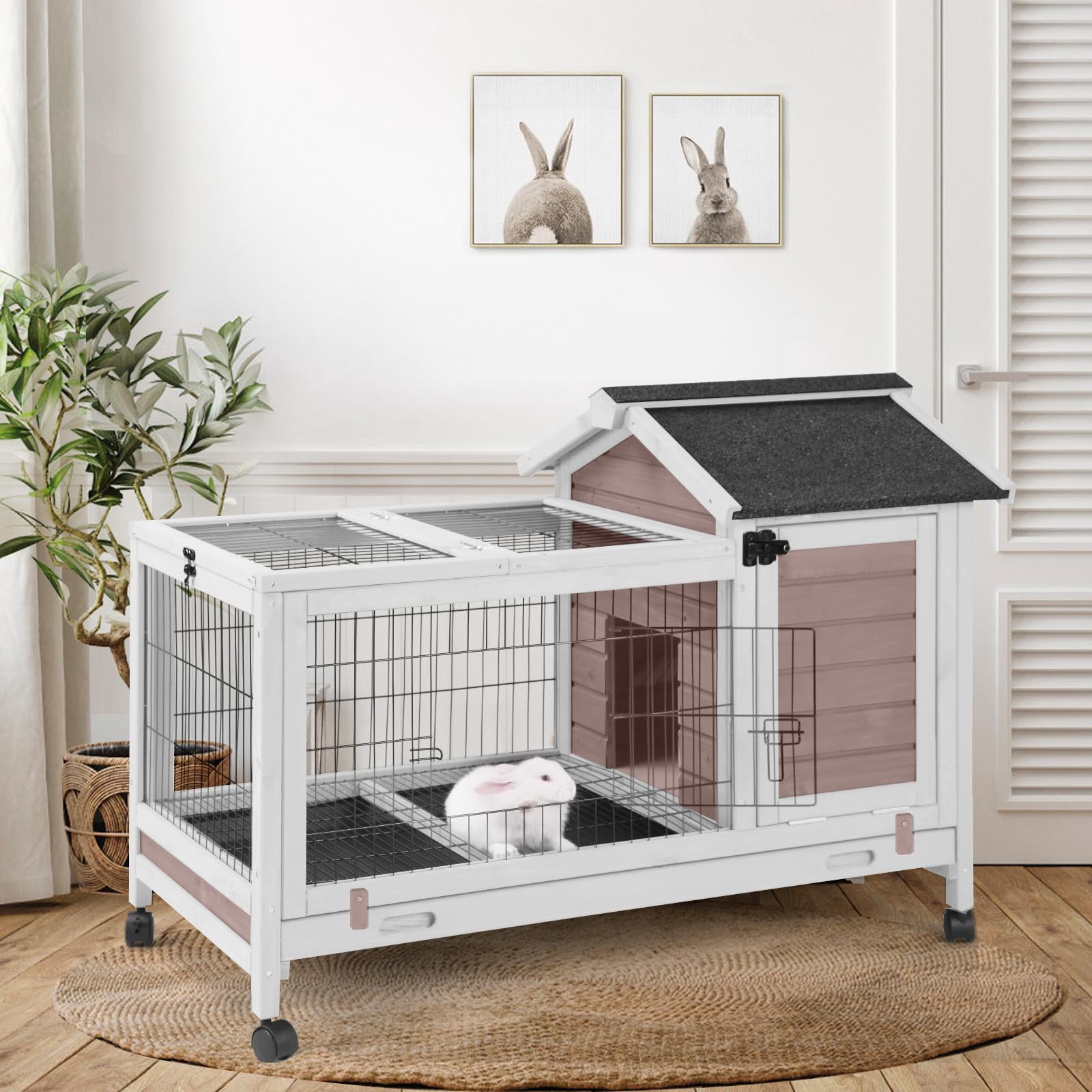 Aivituvin Rabbit Hutch with Wheels for Indoor Outdoor, Wooden Rabbit Cage with Removable Wire Netting & Leak Proof Tray, Mobile Bunny Cage, Brown