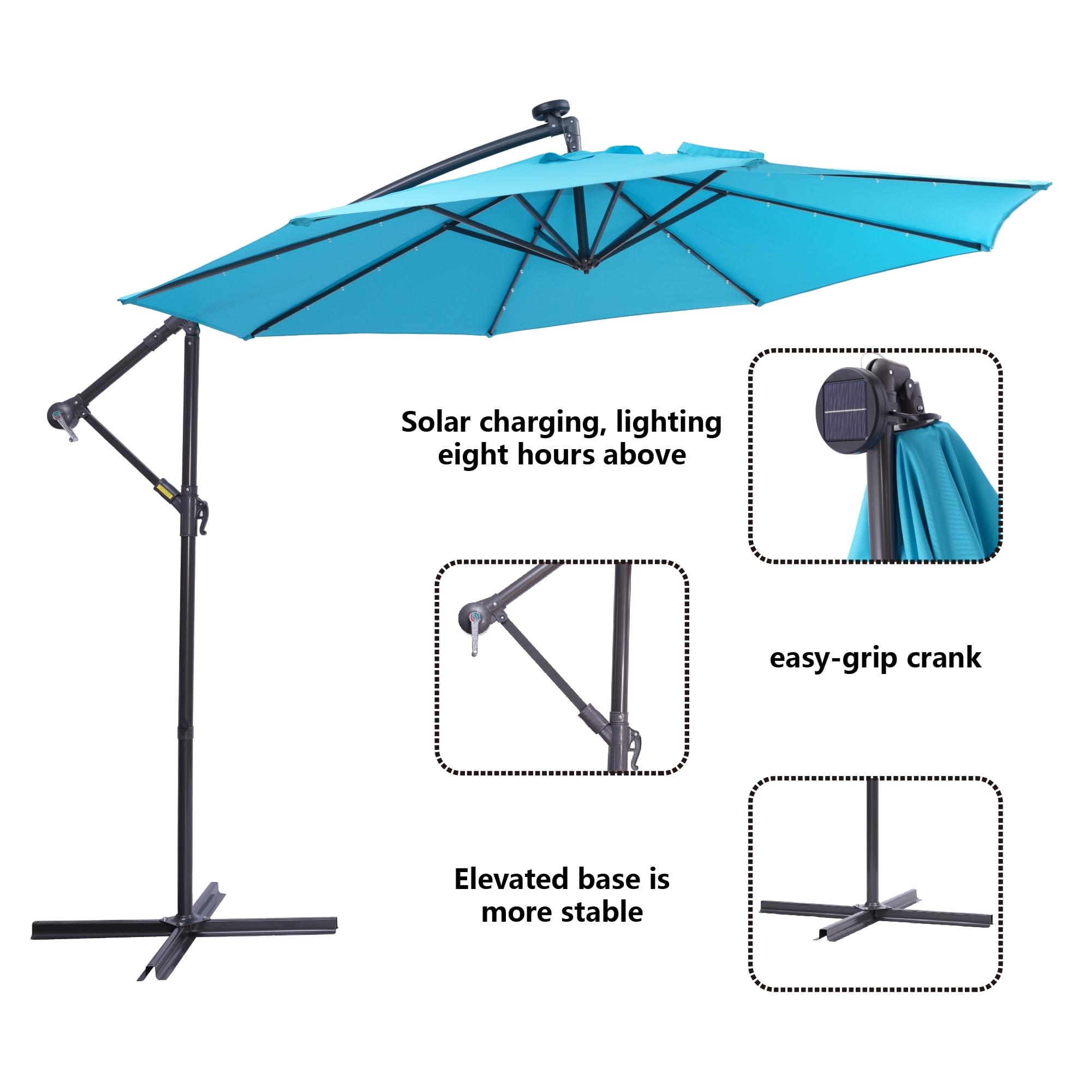BAOTING 10 FT Solar LED Patio Outdoor Umbrella Hanging Cantilever Umbrella Offset Umbrella Easy Open Adustment with 32 LED Lights