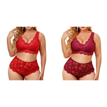 (2-Pack) Kcodviy Plus Size Lace Pajamas for Women Pants Set V Neck High Waist Floral Lace Garter Set Floral Lace Bra and Panty 2 Piece Set Lace Underwear Set for Women No Unde