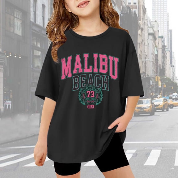 Girls Tshirts Loose Fit Letter Print Crew Neck Short Sleeve Breathable Tee for Casual Wear Girls' Tops Tees Blouses Black 3 Years-4 Years