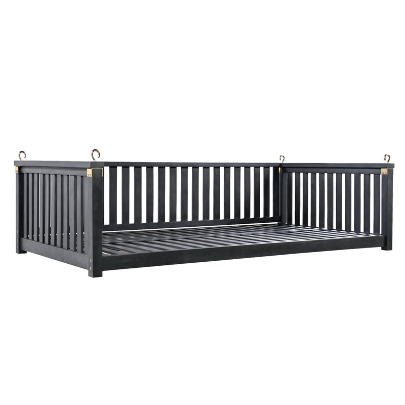 Patio Twin Size Garden Swing Bed, Wooden Porch Swing Frame with Ropes, Outdoor Hanging Swing for Garden, Backyard, Patio, Safe Sloped Design