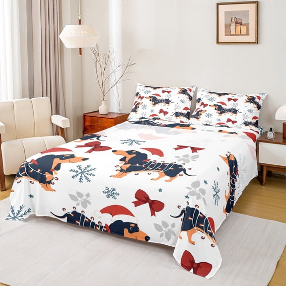 Homewish Cartoon Dachshund Kids Full Size Sheets, Merry Christmas Bed Sheets, Fashion Bowknot Snowflake Sheet Sets, Microfiber Bedroom Decor, 4-Piece