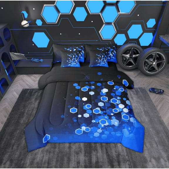 Erosebridal Geometric Honeycomb Bedding Sets Twin Size,Black Blue Comforter Sets with Sheets,Gradient Hexagon Bed in a Bag Twin size,Microfiber Ombre Bedroom Decorative,Reversible,7-Piece