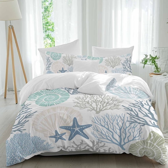 3 Piece Coastal Duvet Cover Set Full Size, Microfiber Comforter/Quilt Cover with Corner Ties and 2 Pillowcases, Summer Beach Nautical Coral Starfish All Season Soft Bedding with Zipper Closure