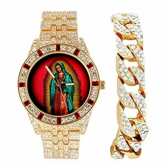 Charles Raymond The Virgin of Guadalupe Blessed Dial - Mens Hip Hop Metal Timepiece - Blood Red Baguettes and Clear Rhinestones on Trim w/Iced Cuban Bracelet - (ST10361BC Gold)