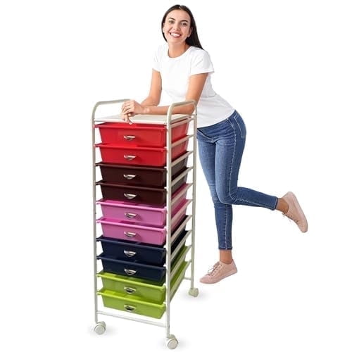 USTECH 10-Drawer Rainbow Mobile Storage Organizer Cart with Tray, for Crafts, Makeup, Beauty & Art Supplies