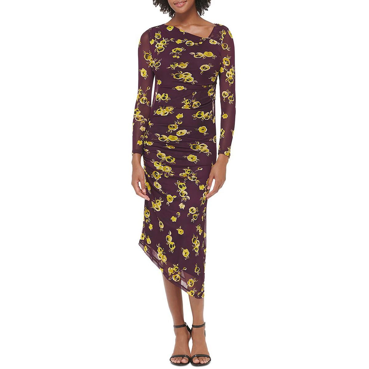 Calvin Klein Womens Printed Mesh Bodycon Dress Aubergine Combo Xs