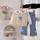 thumbnail image 4 of 1-5Y Children's Clothing 3Pcs Girls' Spring Outfit Cute Cartoon Bear Knitted Vest Shirt And Jeans Kid's Bell-bottoms Suit, 4 of 6