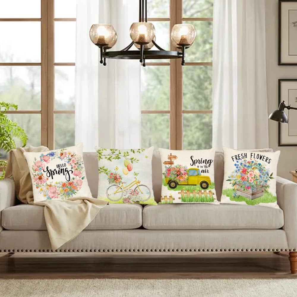 Spring Throw Pillow Covers 18x18 Set of 4 Floral Pillow Covers Spring Summer Decorative Pillow Covers Truck Biycle Flower Cushion Covers Pillow Cases for Home Outdoor Sofa Couch Decorations (18 inch)