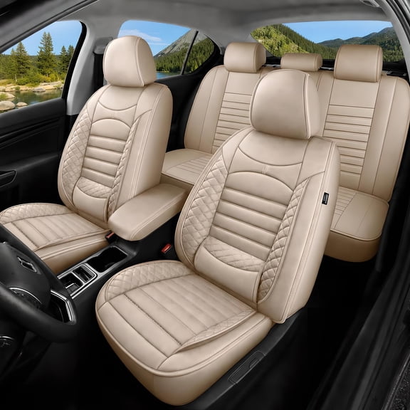 Car Seat Covers Fit for Toyota Venza 2009-2020: 5 Seats Faux Leather Waterproof Seat Protectors (Beige) - 2 Rows