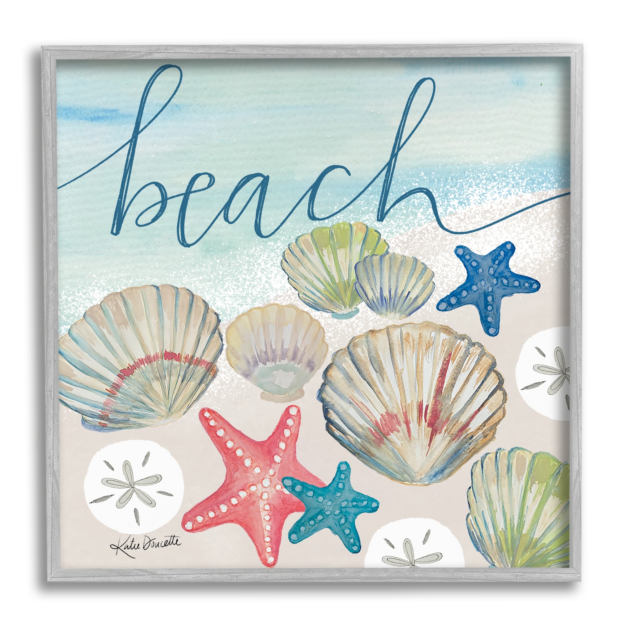 Stupell Industries Beach Calligraphy Seashells Clams Starfish Ocean Foam Framed Wall Art, 17 x 17, Design by Katie Doucette