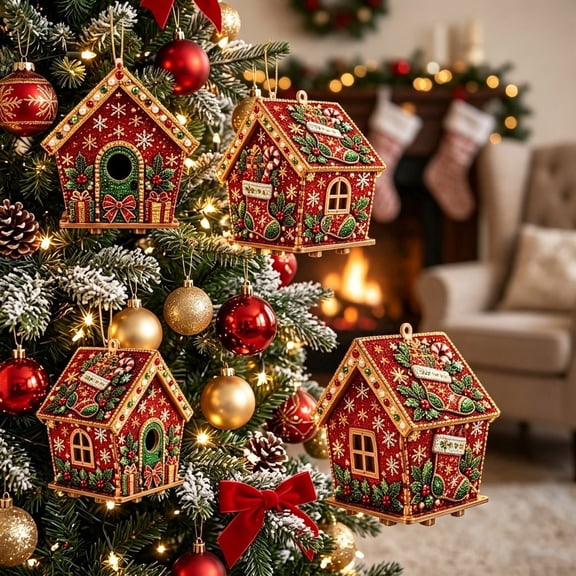Christmas Pearl Diamond Art House Ornament, 7.87in 3D Red Wooden House DIY Rhinestone Painting Kit, Stocking Holly Snowflake Festive Pattern for Mantel Tabletop Xmas Decor