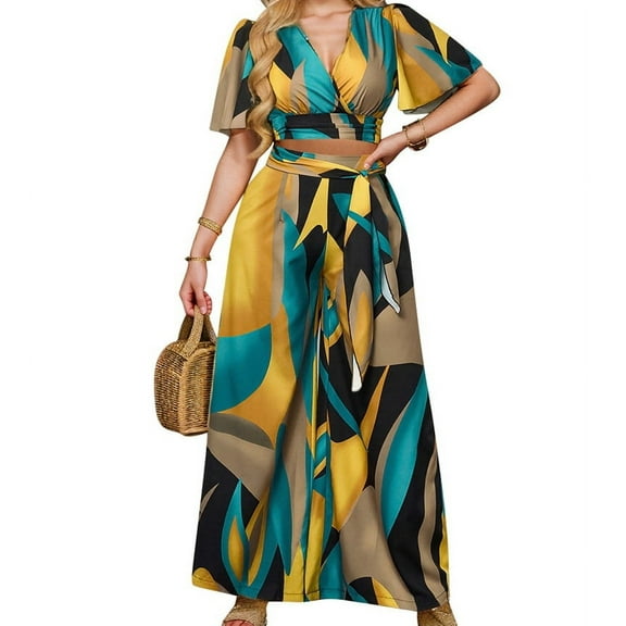 2 Piece Sets for Women Summer Short Sleeve Crop Top Wide Leg Pants Matching Lounge Set Yellow XL
