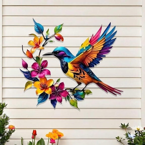 Metal Hummingbird Wall Art Decor Colorful Birds Sculpture Outdoor Iron Hanging Decor for Balcony Garden Room Home Decoration