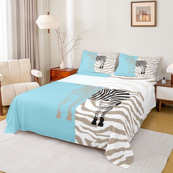 Feelyou Kawaii Blue Zebra Twin Sheet Sets, Simple Fashion Style Twin Fitted Sheet, Teens Kids Boys Girls Flat Sheet, Luxury Bedroom Decor, 3 Pieces