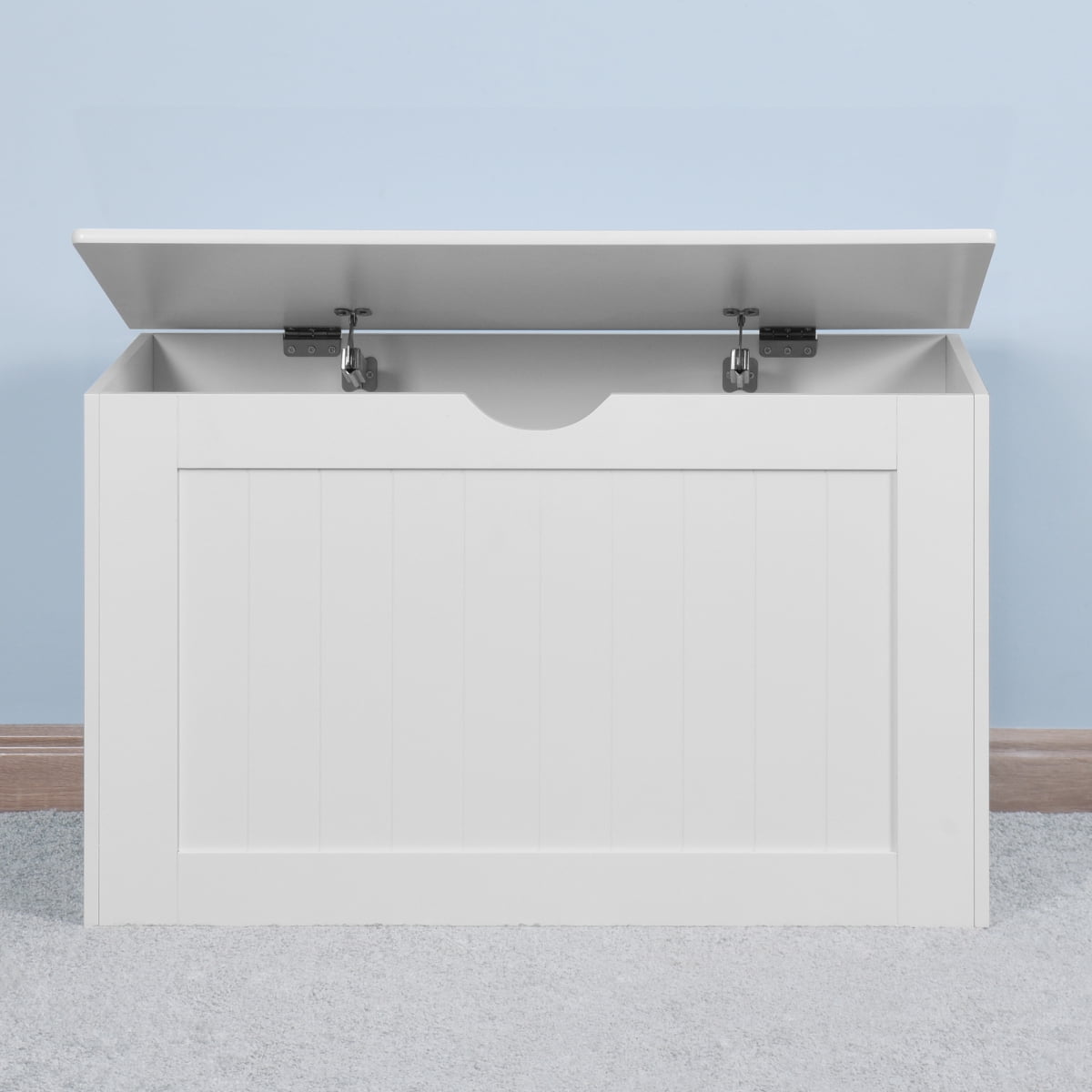 White Lift Top Entryway Storage Cabinet Wooden Toy Box with 2 Safety Hinges