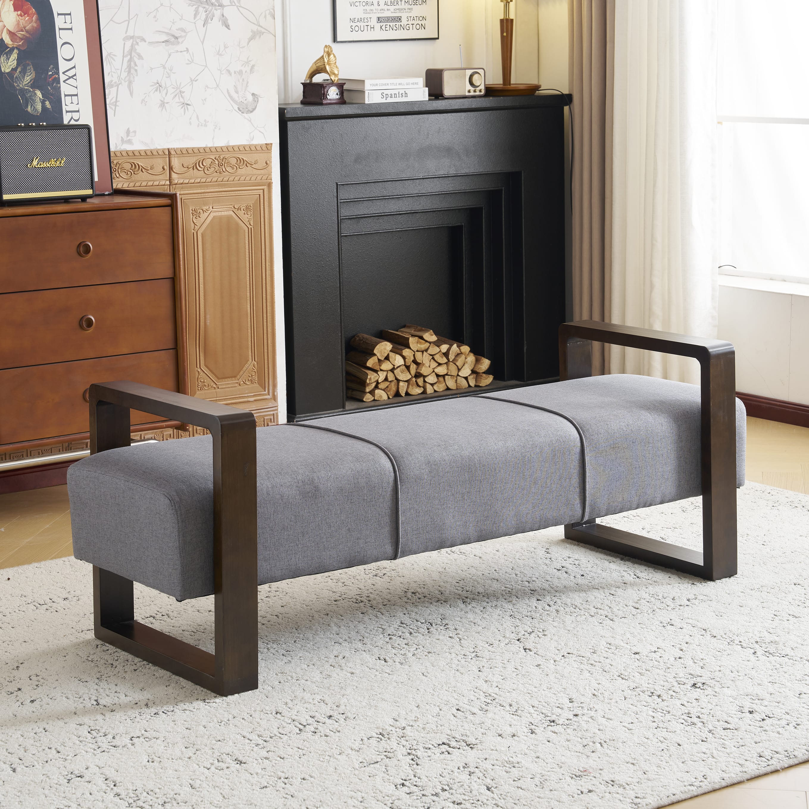 Aukfa Long Linen Ottoman Bench,Upholstered Entryway/Bedroom Footrest & End-of-Bed Bench, 300 lbs Capacity,Gray
