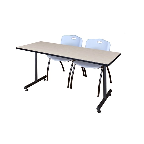 Regency Kobe 72 x 30 in. T-Base Training Seminar Table- Maple, 2 M Stack Chairs- Grey