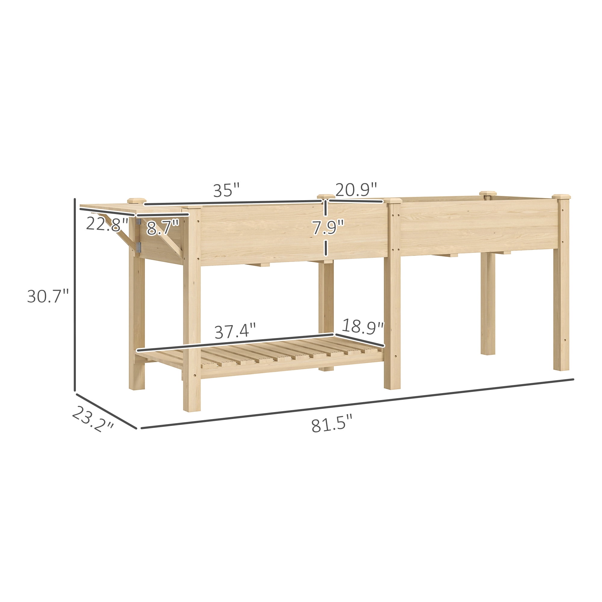 Elevated Garden Bed, Wood Raised Garden Box with Side Table, Bottom Shelf, Bed Liners and Drainage Holes