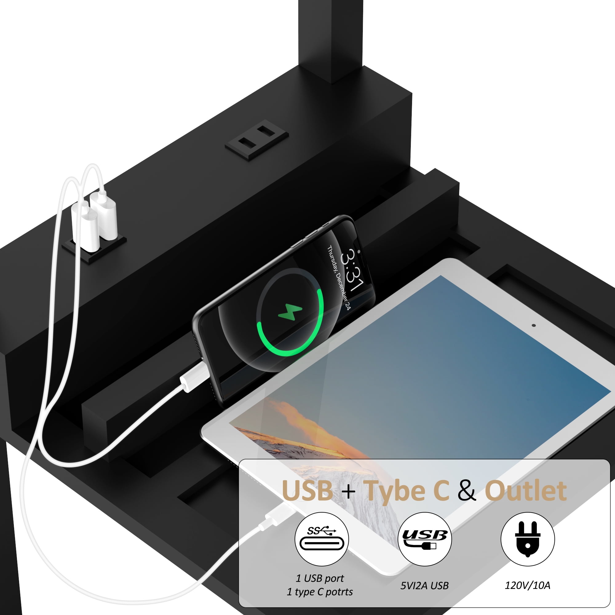 Jurulu LED USB Floor Lamp with Storage, 3 Color Temperatures, Solid Wood, 2 Charging Ports & Power Outlet, Matte Black